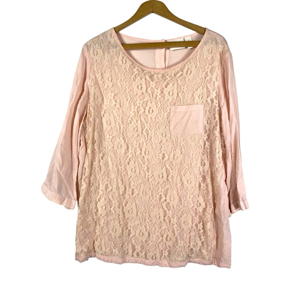 Chicos 2 / Large Lace Front Top Button Back Pale Pink Soft Girl Romantic Pastels - Picture 2 of 13